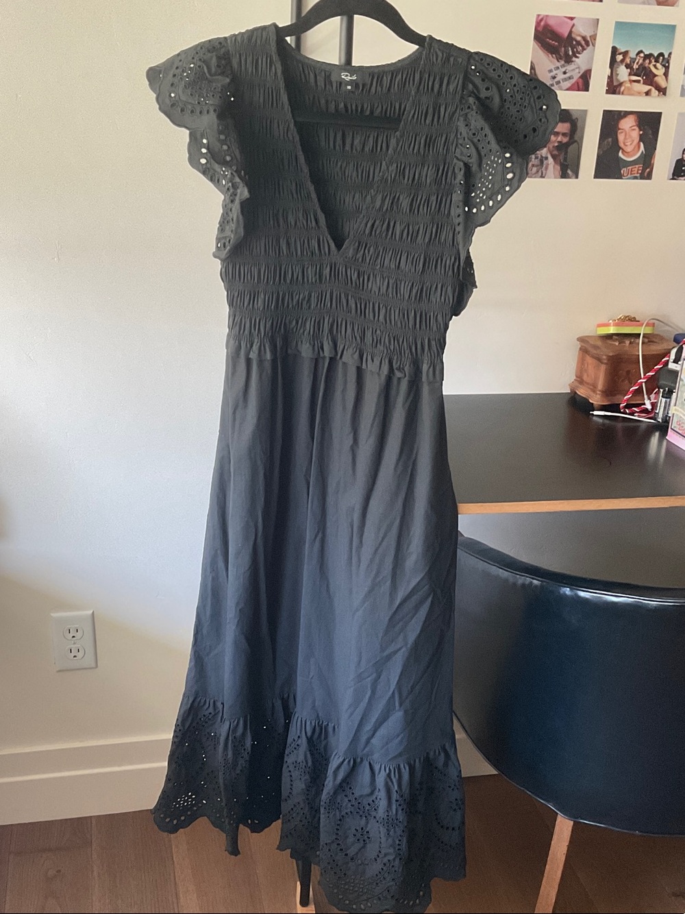 Rails Black Smocked V-Neck Midi Dress with Eyelet Flutter Sleeves